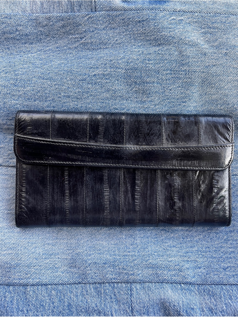 Vintage Genuine Eel Skin Leather Continental Wallet Black Made in Korea 80s⁠